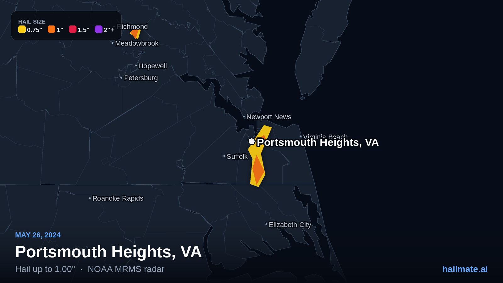 Hail swath map for Portsmouth Heights, VA on May 26, 2024 showing 1.00 inch hail.