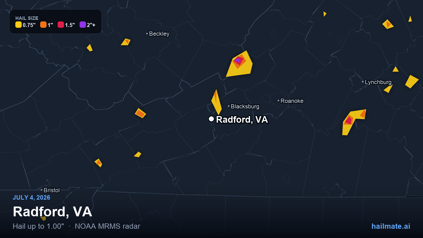 Hail swath map for Radford, VA on July 4, 2026 showing 1.00 inch hail.