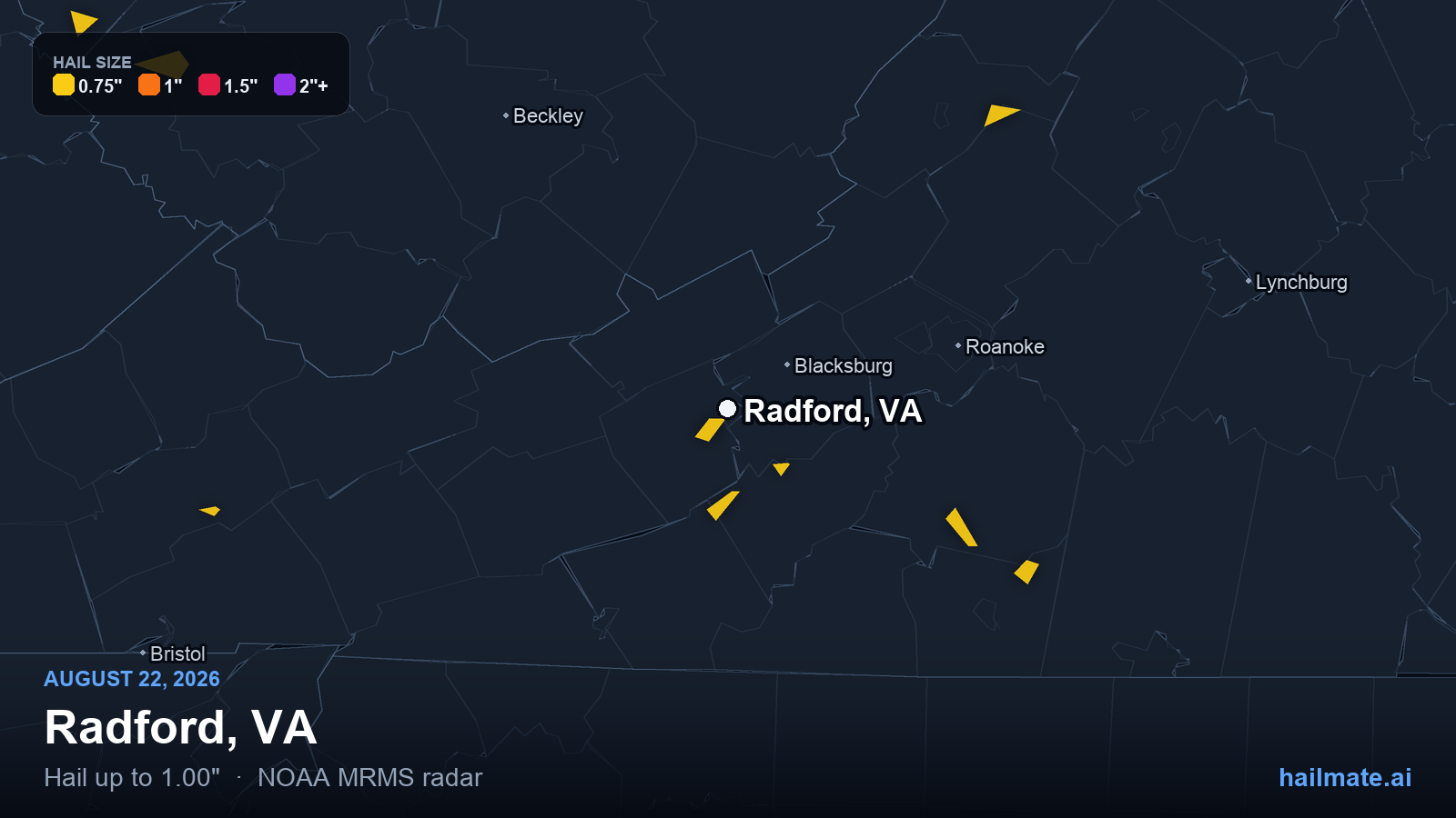 Hail swath map for Radford, VA on August 22, 2026 showing 1.00 inch hail.