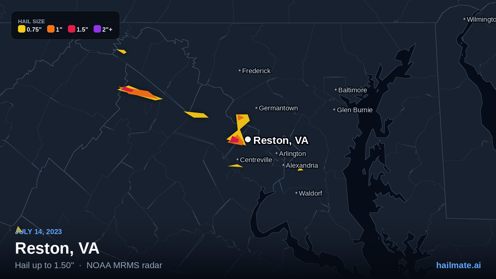 Hail swath map for Reston, VA on July 14, 2023 showing 1.50 inch hail.