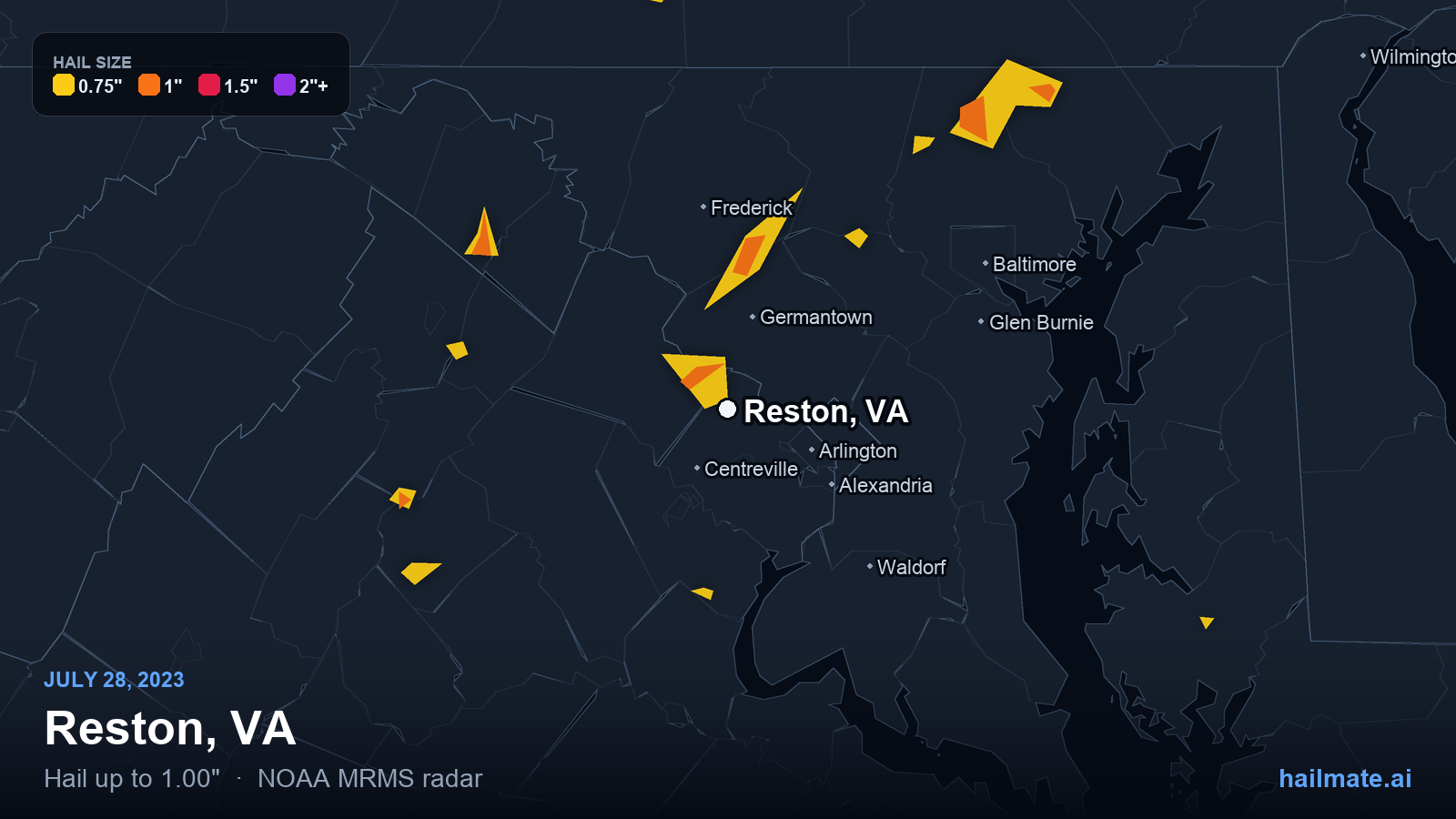 Hail swath map for Reston, VA on July 28, 2023 showing 1.00 inch hail.