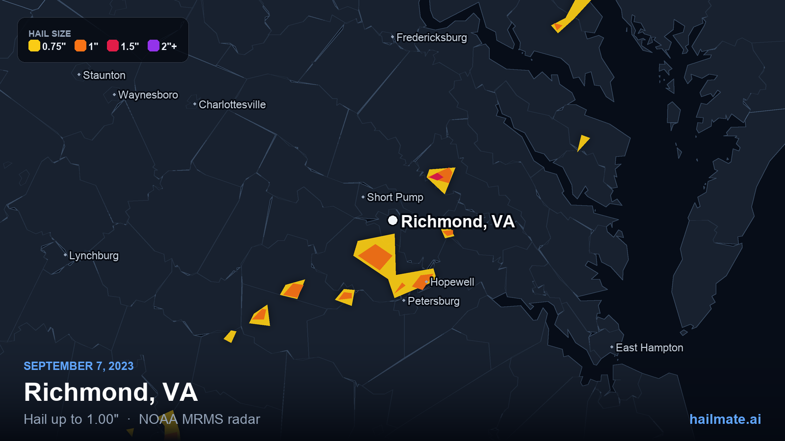 Hail swath map for Richmond, VA on September 7, 2023 showing 1.00 inch hail.