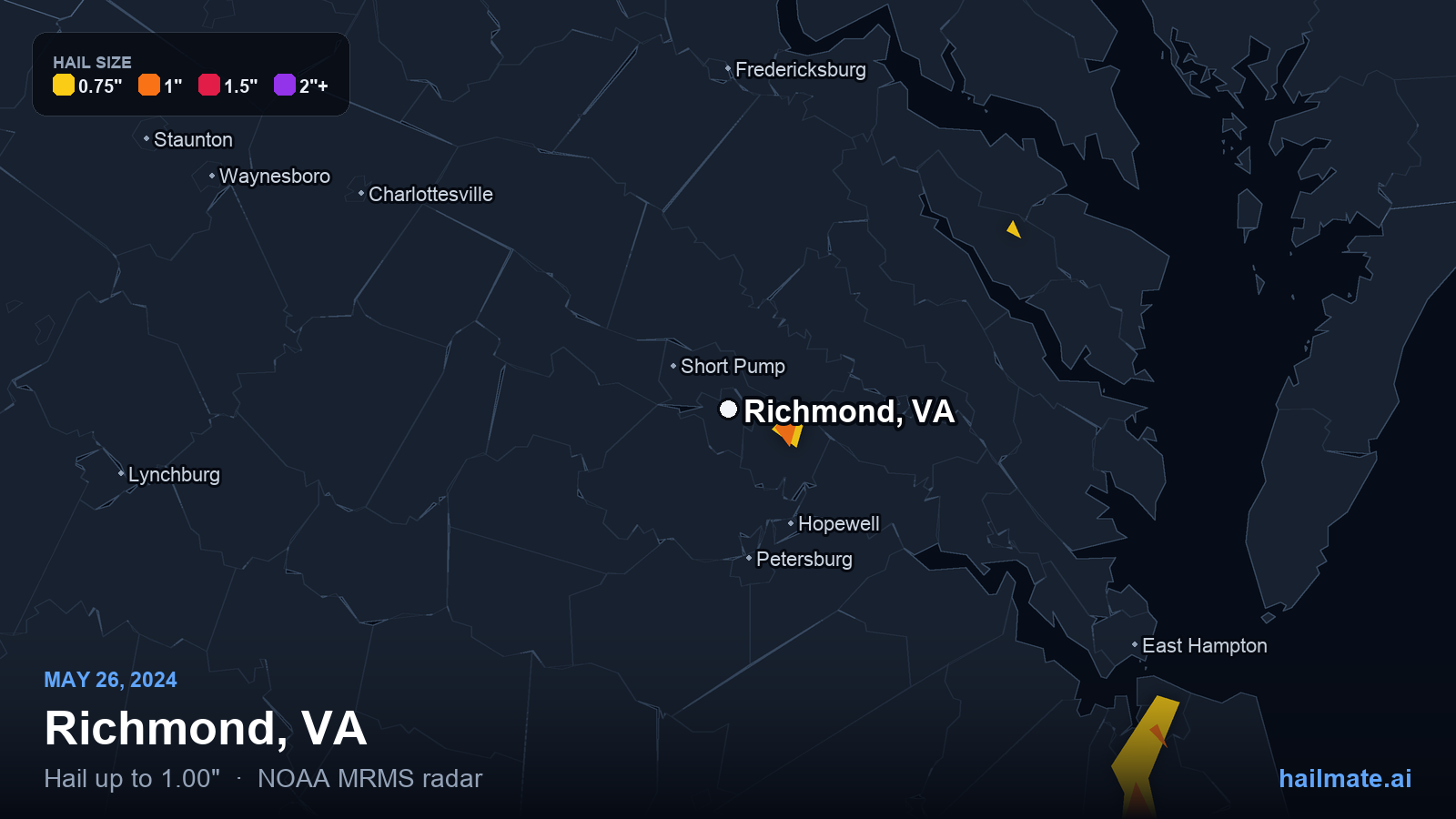 Hail swath map for Richmond, VA on May 26, 2024 showing 1.00 inch hail.