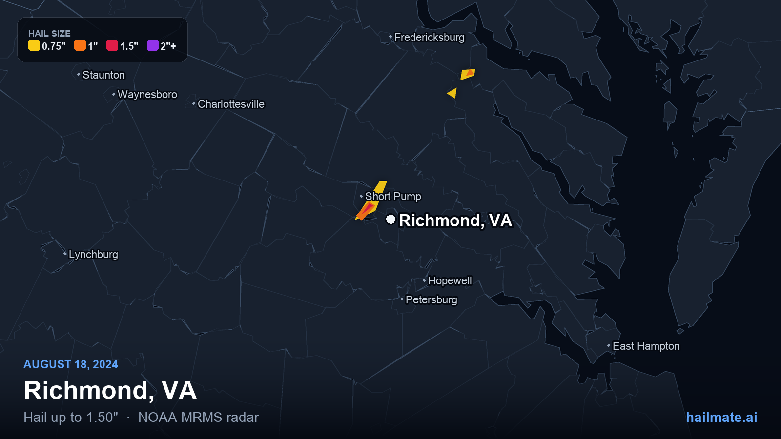 Hail swath map for Richmond, VA on August 18, 2024 showing 1.50 inch hail.