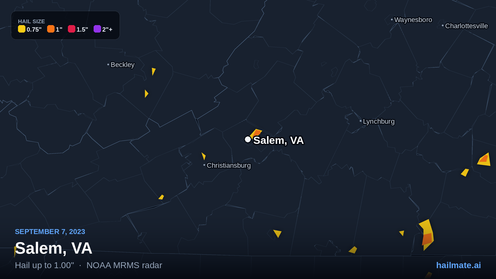 Hail swath map for Salem, VA on September 7, 2023 showing 1.00 inch hail.