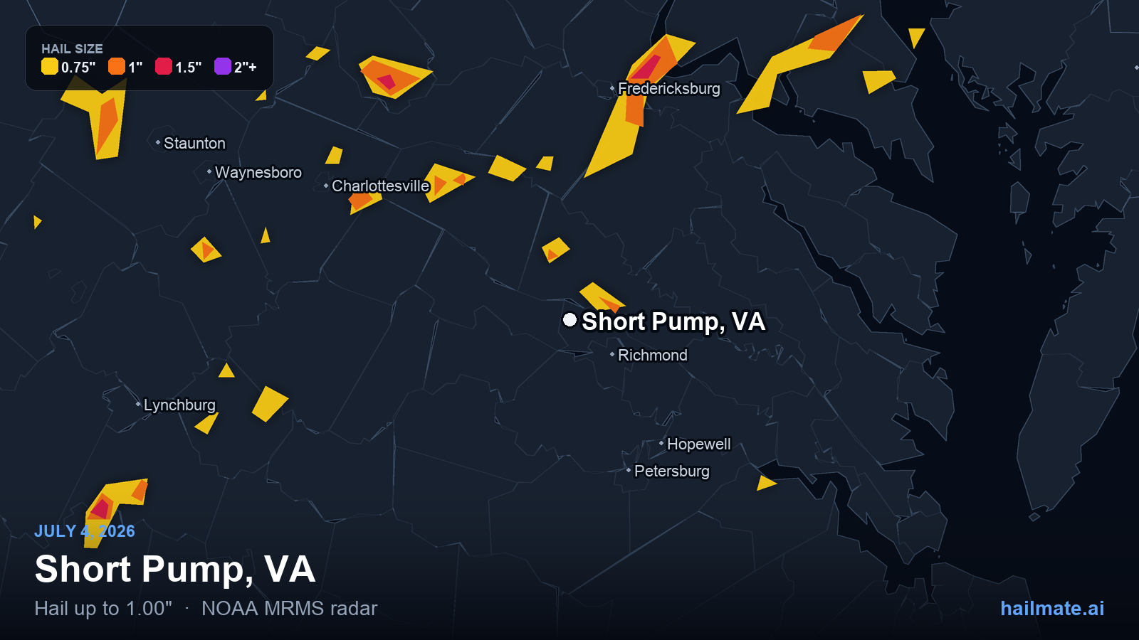 Hail swath map for Short Pump, VA on July 4, 2026 showing 1.00 inch hail.
