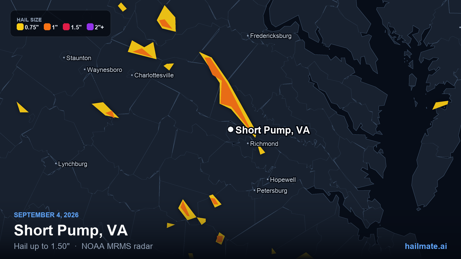 Hail swath map for Short Pump, VA on September 4, 2026 showing 1.50 inch hail.