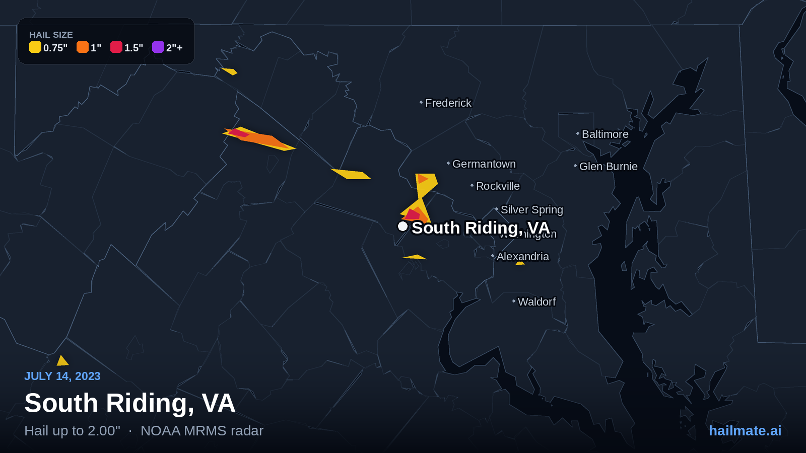 Hail swath map for South Riding, VA on July 14, 2023 showing 2.00 inch hail.