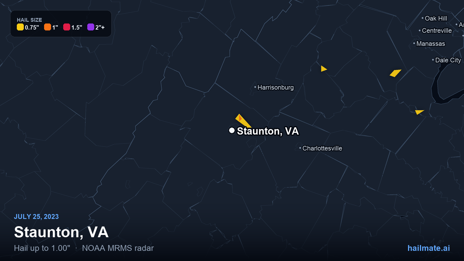 Hail swath map for Staunton, VA on July 25, 2023 showing 1.00 inch hail.