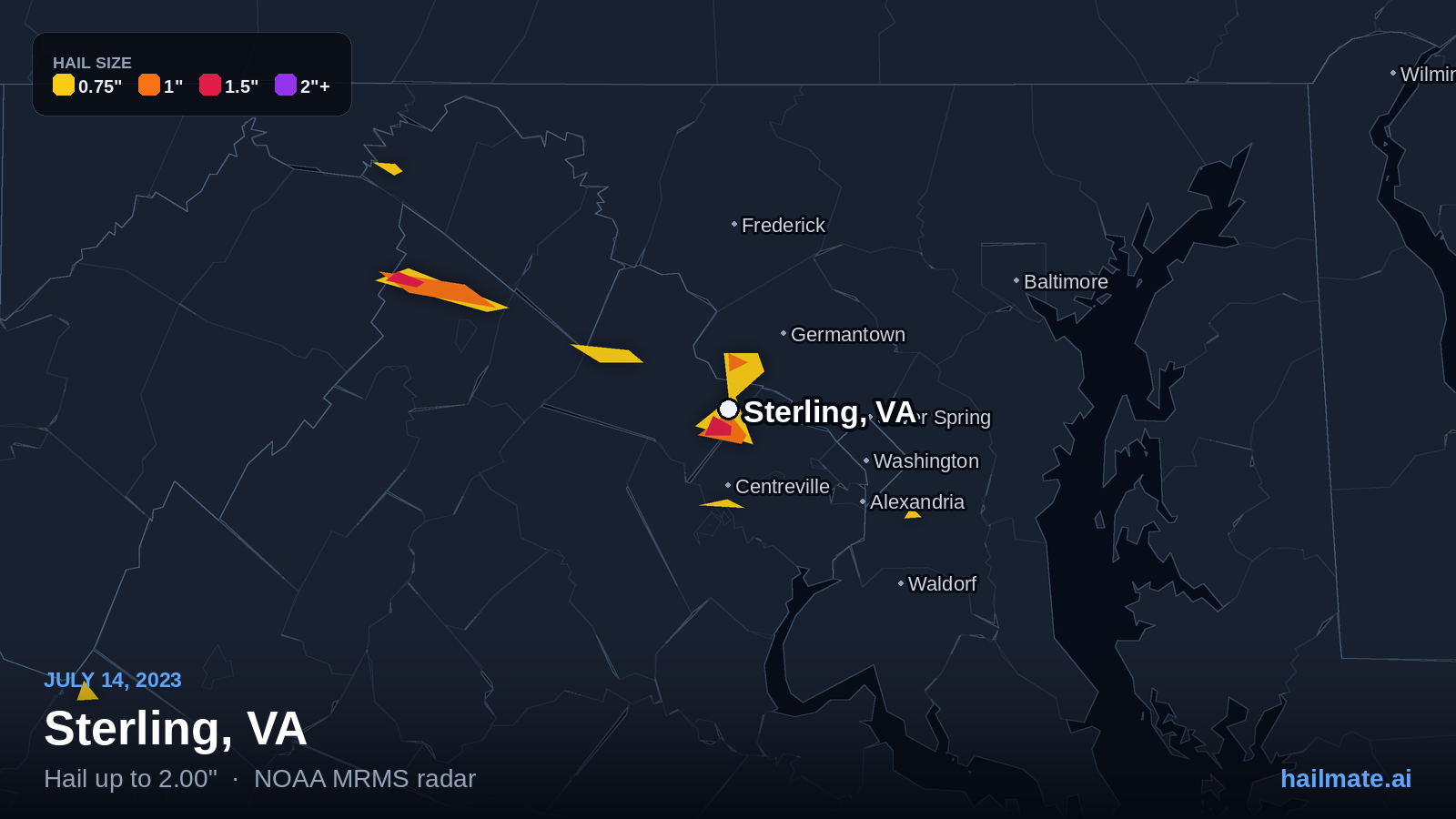 Hail swath map for Sterling, VA on July 14, 2023 showing 2.00 inch hail.