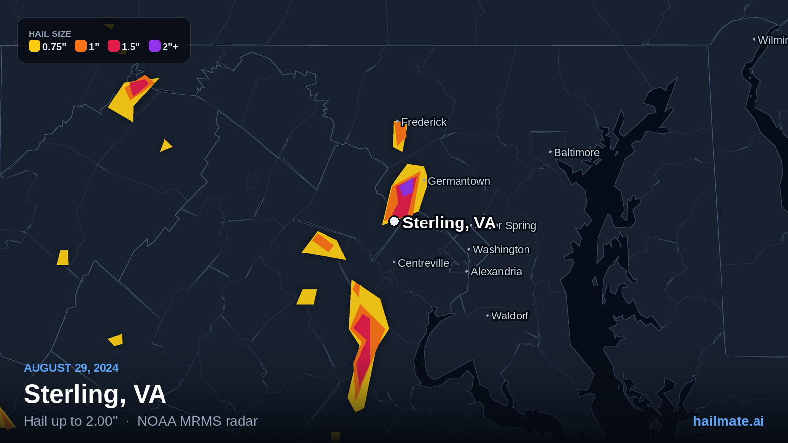 Hail swath map for Sterling, VA on August 29, 2024 showing 2.00 inch hail.