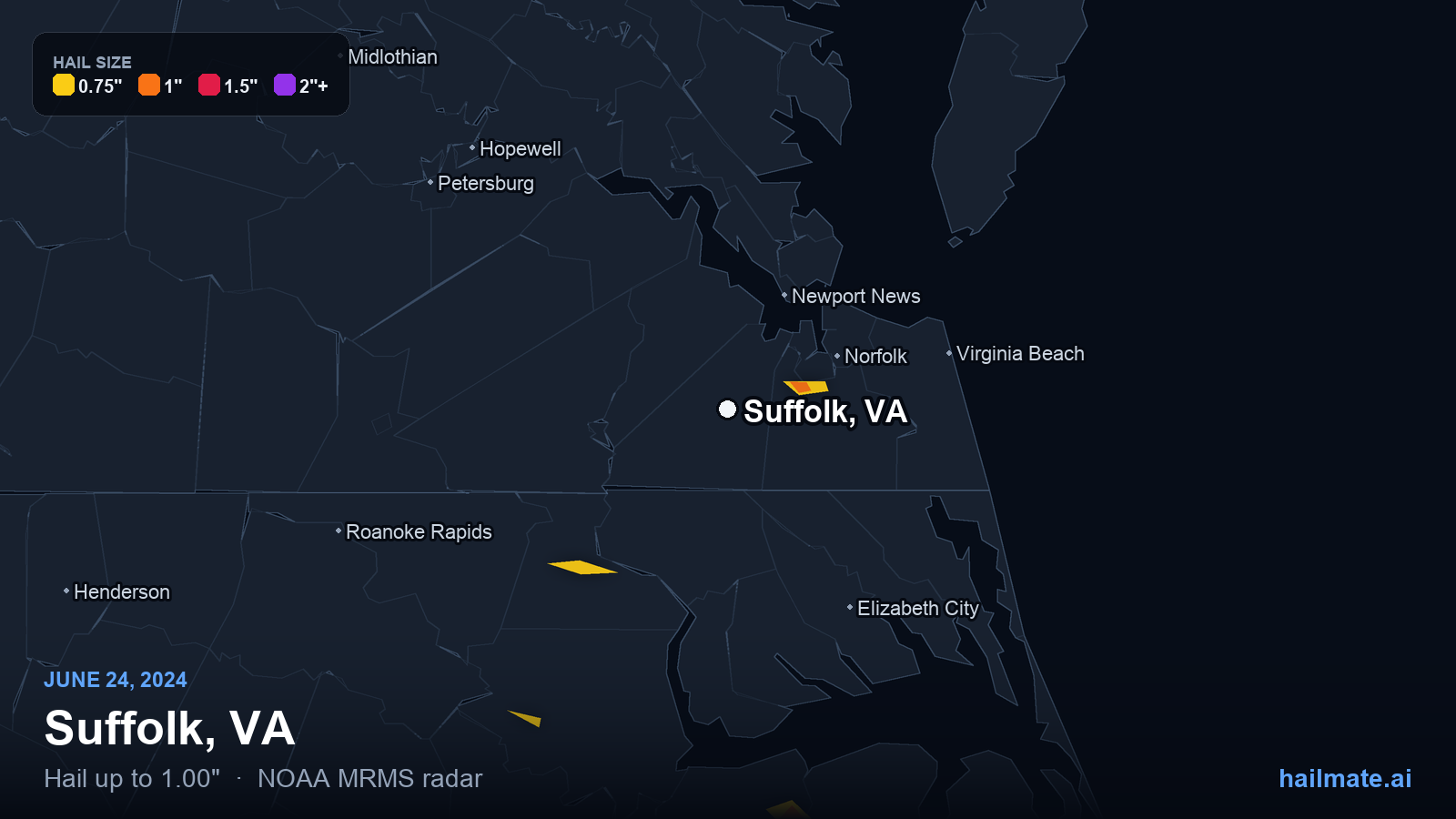 Hail swath map for Suffolk, VA on June 24, 2024 showing 1.00 inch hail.