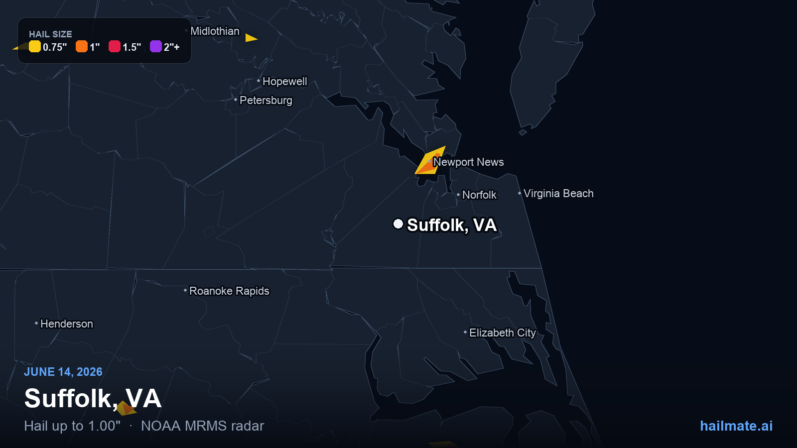 Hail swath map for Suffolk, VA on June 14, 2026 showing 1.00 inch hail.