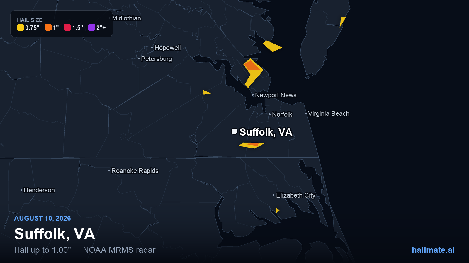 Hail swath map for Suffolk, VA on August 10, 2026 showing 1.00 inch hail.