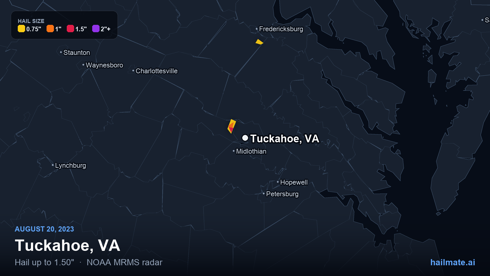 Hail swath map for Tuckahoe, VA on August 20, 2023 showing 1.50 inch hail.