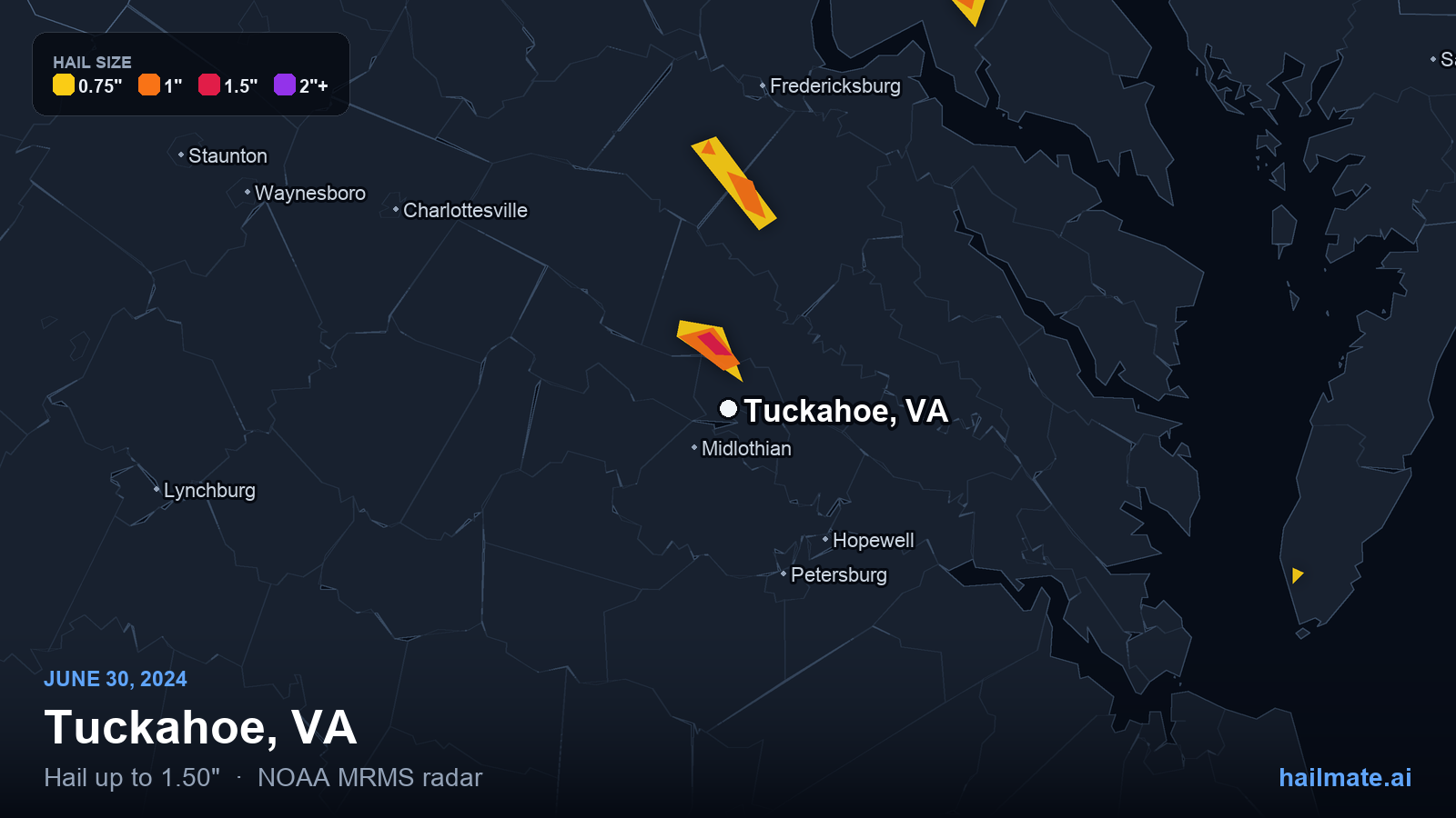 Hail swath map for Tuckahoe, VA on June 30, 2024 showing 1.50 inch hail.