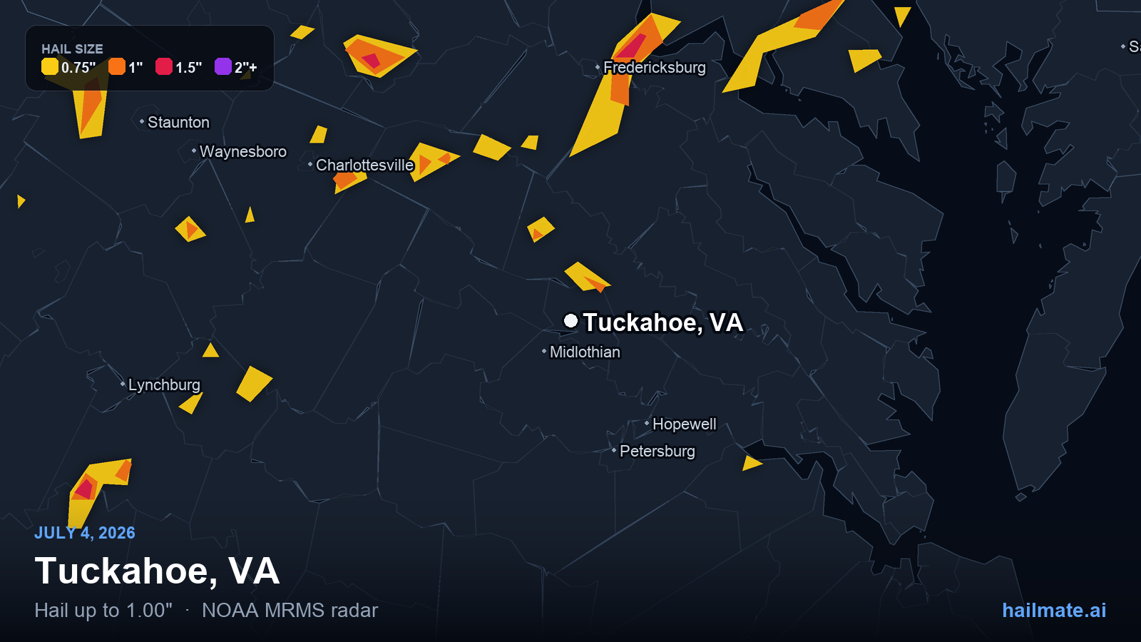 Hail swath map for Tuckahoe, VA on July 4, 2026 showing 1.00 inch hail.