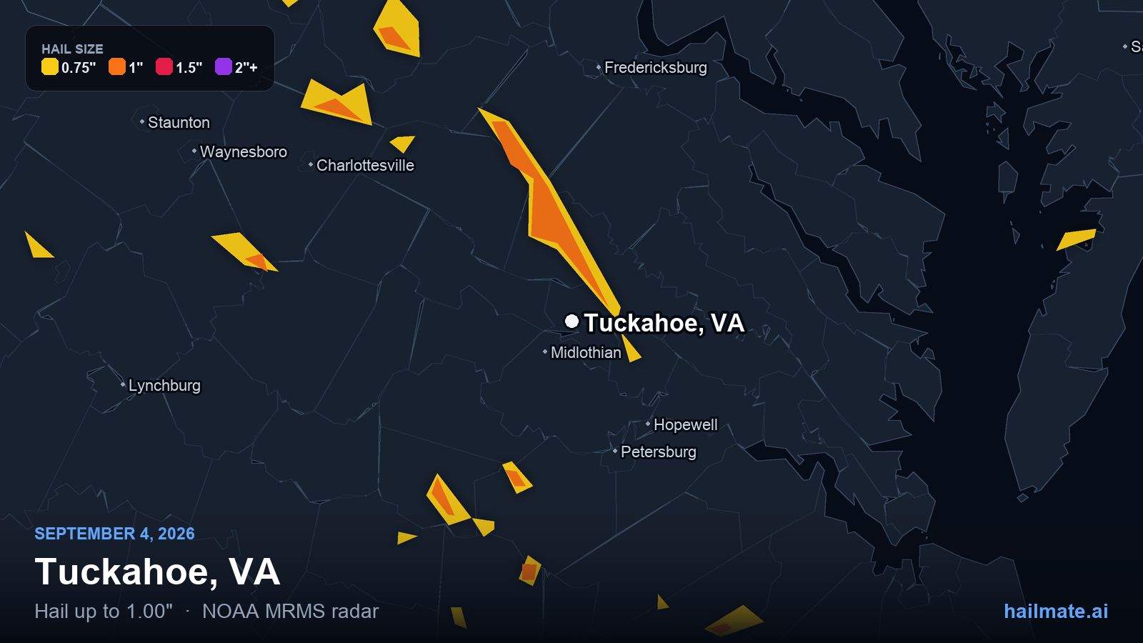 Hail swath map for Tuckahoe, VA on September 4, 2026 showing 1.00 inch hail.