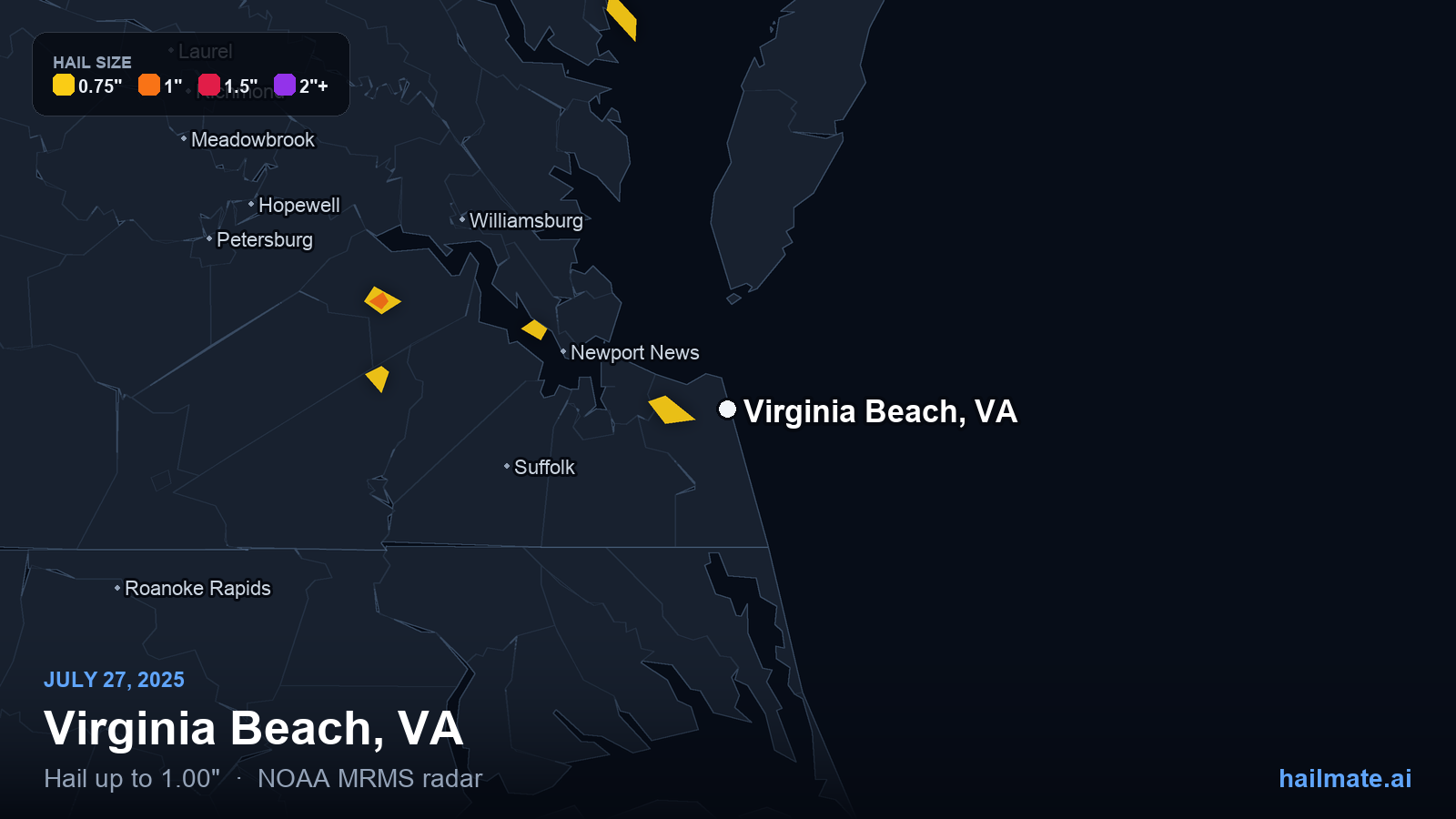 Hail swath map for Virginia Beach, VA on July 27, 2025 showing 1.00 inch hail.