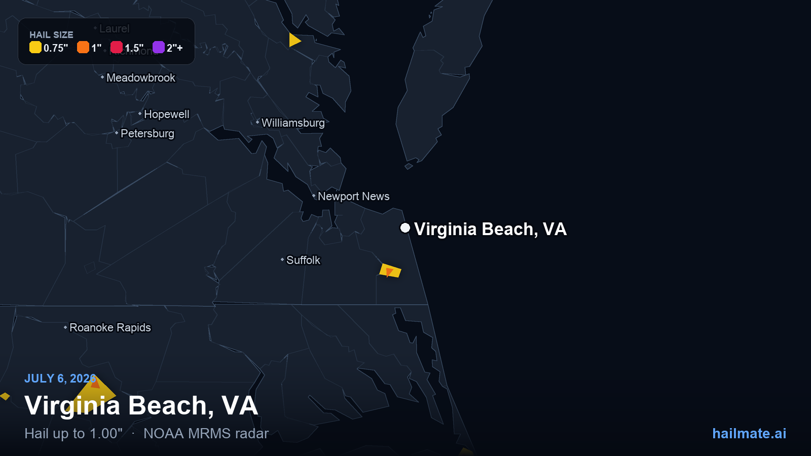 Hail swath map for Virginia Beach, VA on July 6, 2026 showing 1.00 inch hail.