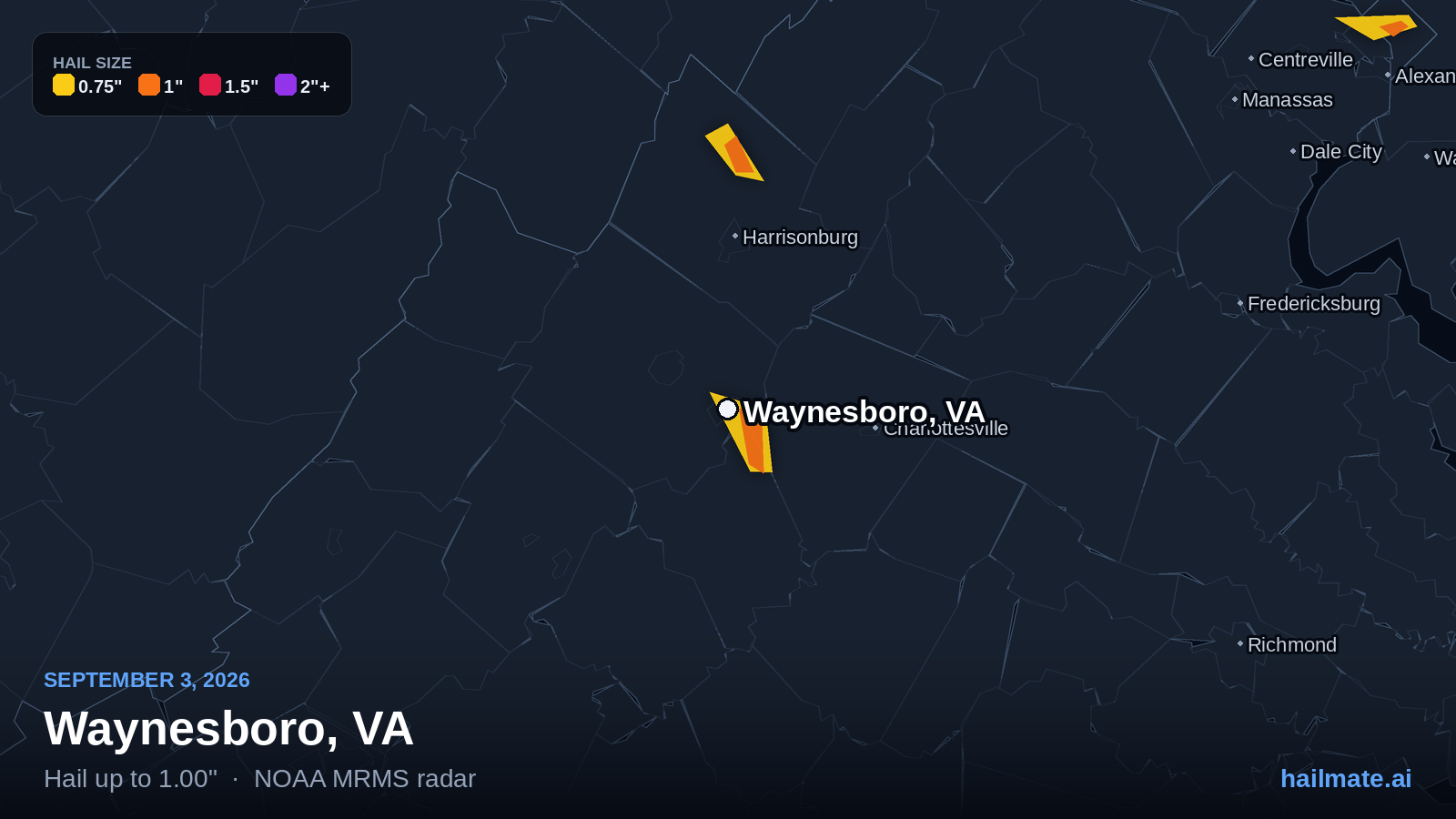 Hail swath map for Waynesboro, VA on September 3, 2026 showing 1.00 inch hail.