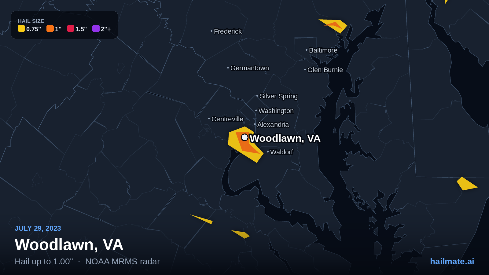Hail swath map for Woodlawn, VA on July 29, 2023 showing 1.00 inch hail.