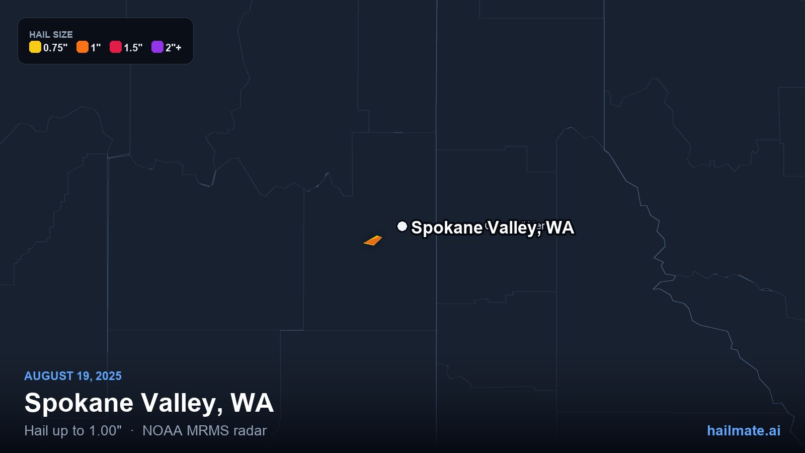Hail swath map for Spokane Valley, WA on August 19, 2025 showing 1.00 inch hail.