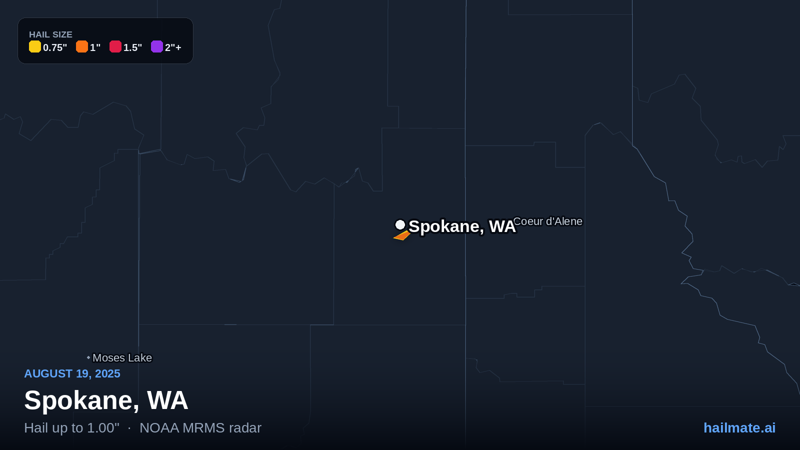 Hail swath map showing 1.00 inch hail over Spokane, Washington on August 19, 2025.