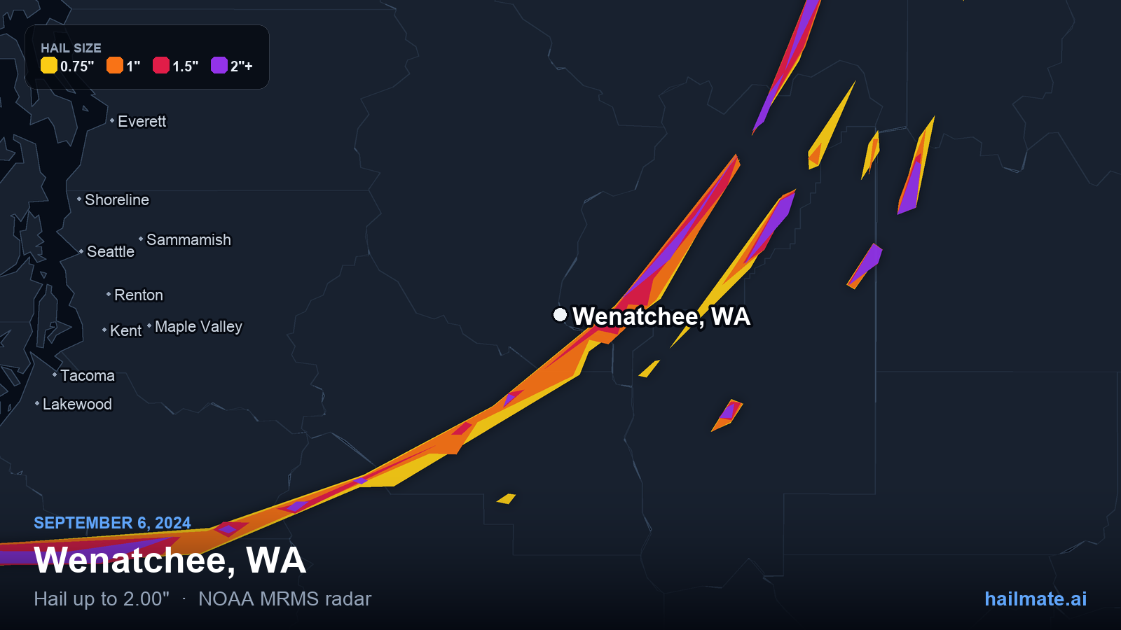 Hail swath map for Wenatchee, WA on September 6, 2024 showing 2.00 inch hail.
