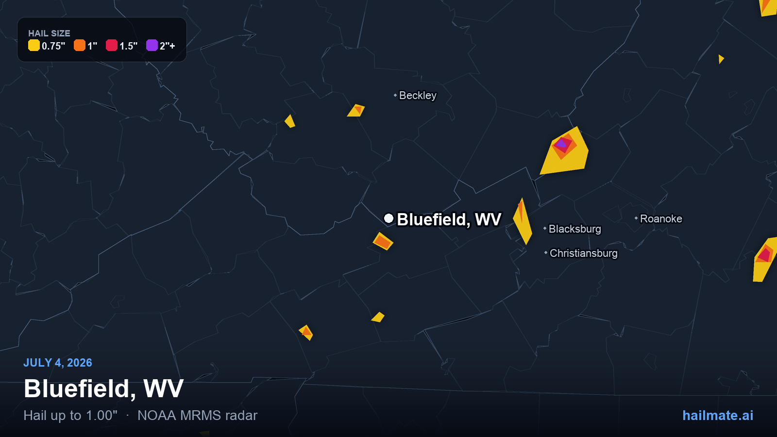 Hail swath map for Bluefield, WV on July 4, 2026 showing 1.00 inch hail.