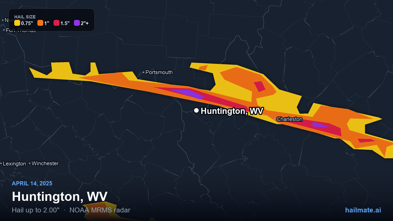 Hail swath map for Huntington, WV on April 14, 2025 showing 2.00 inch hail.