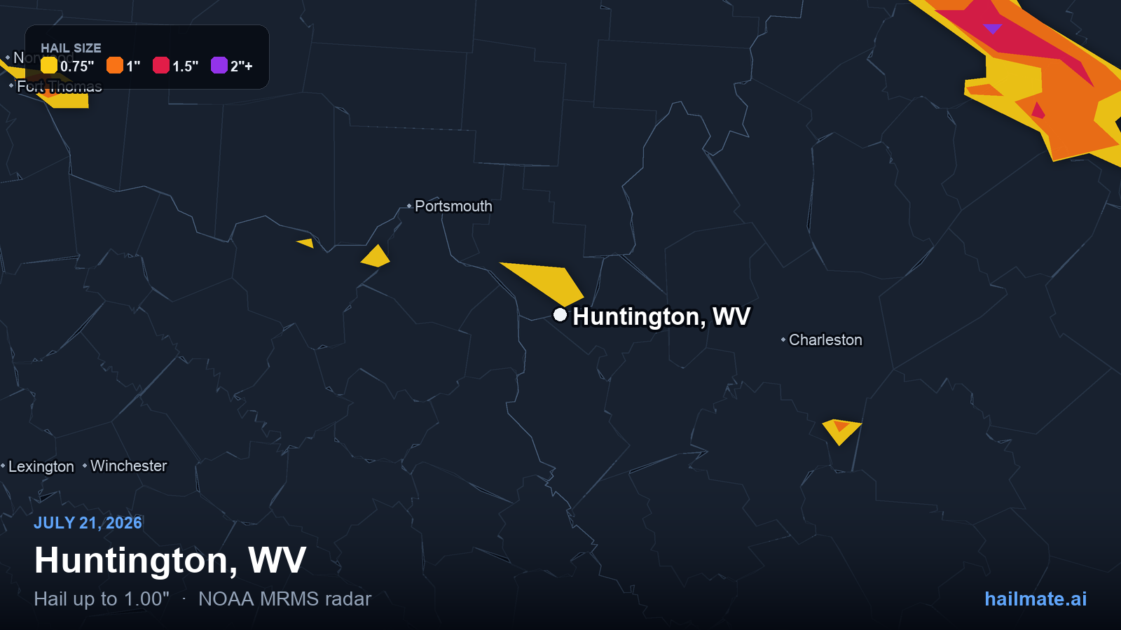 Hail swath map for Huntington, WV on July 21, 2026 showing 1.00 inch hail.