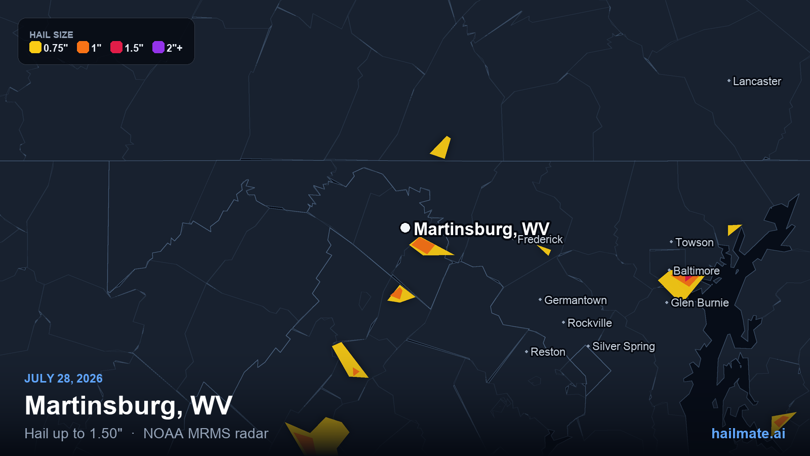 Hail swath map for Martinsburg, WV on July 28, 2026 showing 1.50 inch hail.