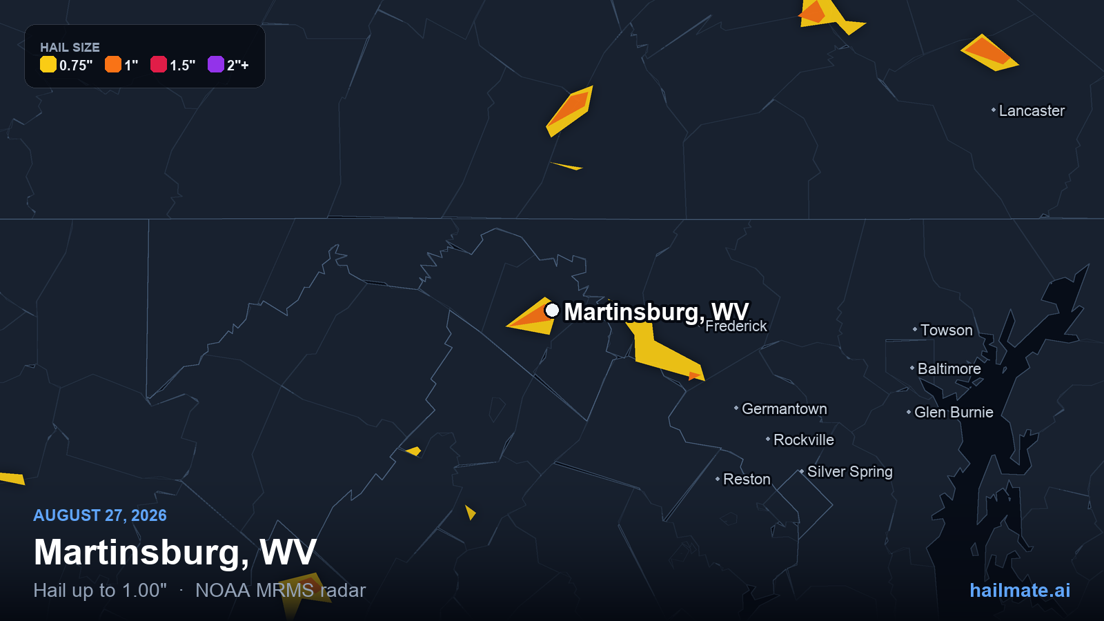 Hail swath map for Martinsburg, WV on August 27, 2026 showing 1.00 inch hail.
