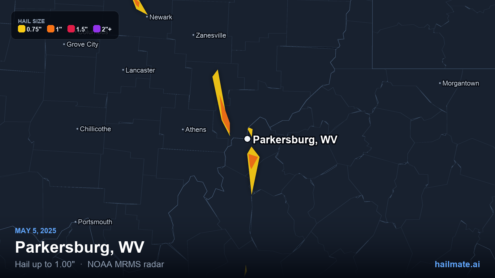 Hail swath map for Parkersburg, WV on May 5, 2025 showing 1.00 inch hail.