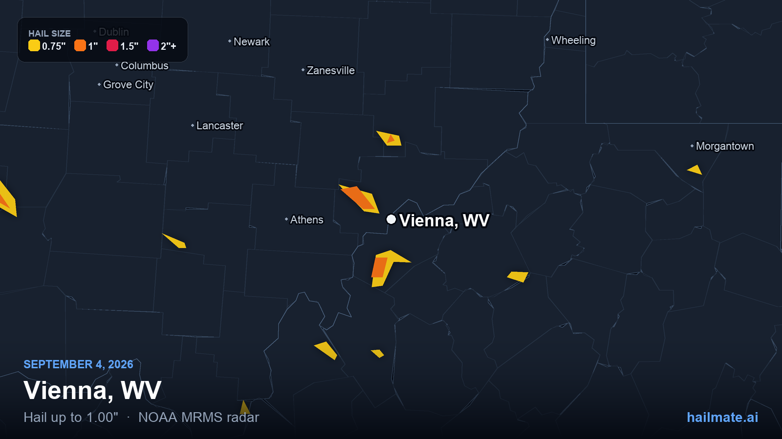 Hail swath map for Vienna, WV on September 4, 2026 showing 1.00 inch hail.