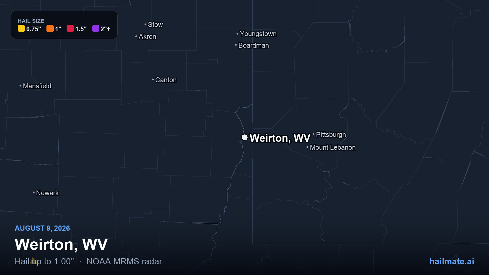 Hail swath map for Weirton, WV on August 9, 2026 showing 1.00 inch hail.