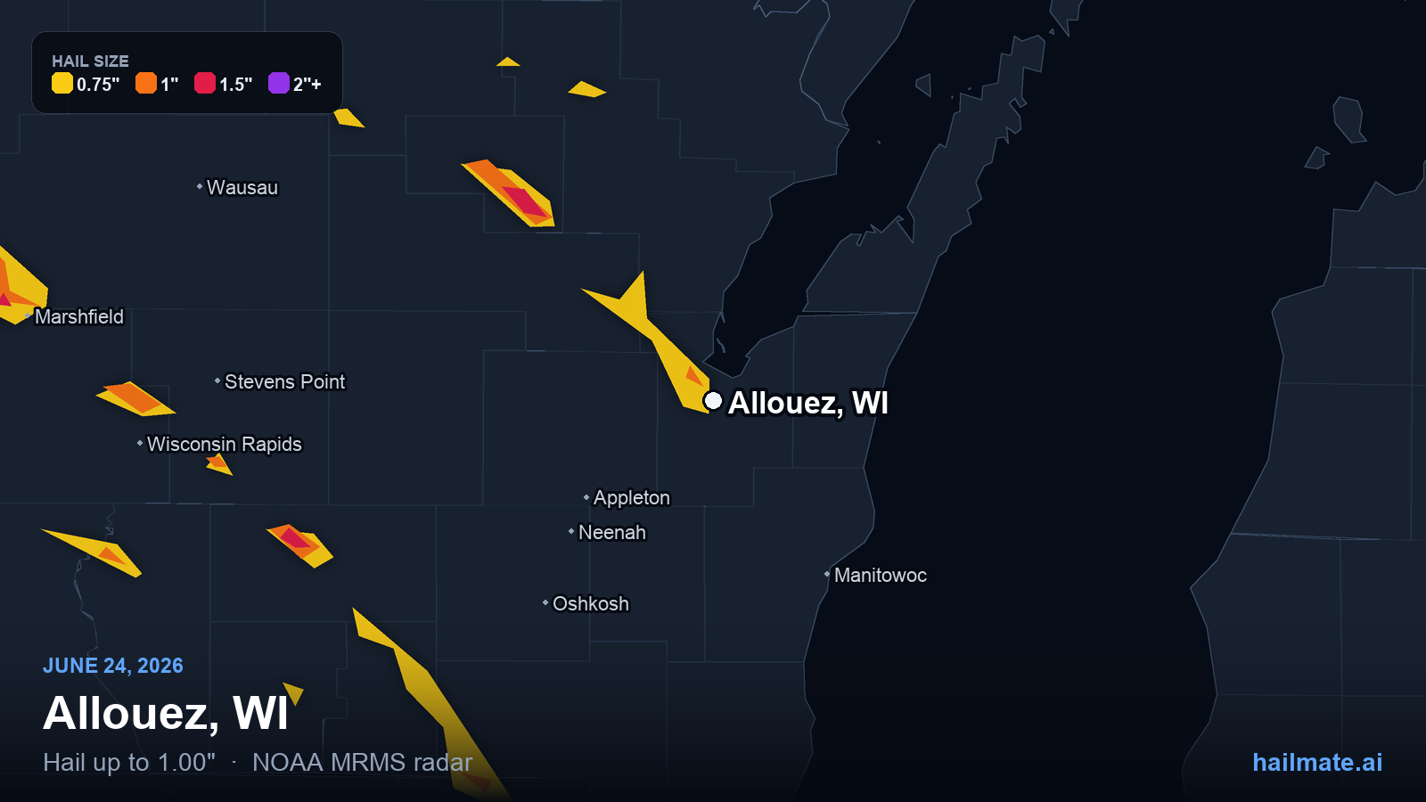 Hail swath map for Allouez, WI on June 24, 2026 showing 1.00 inch hail.