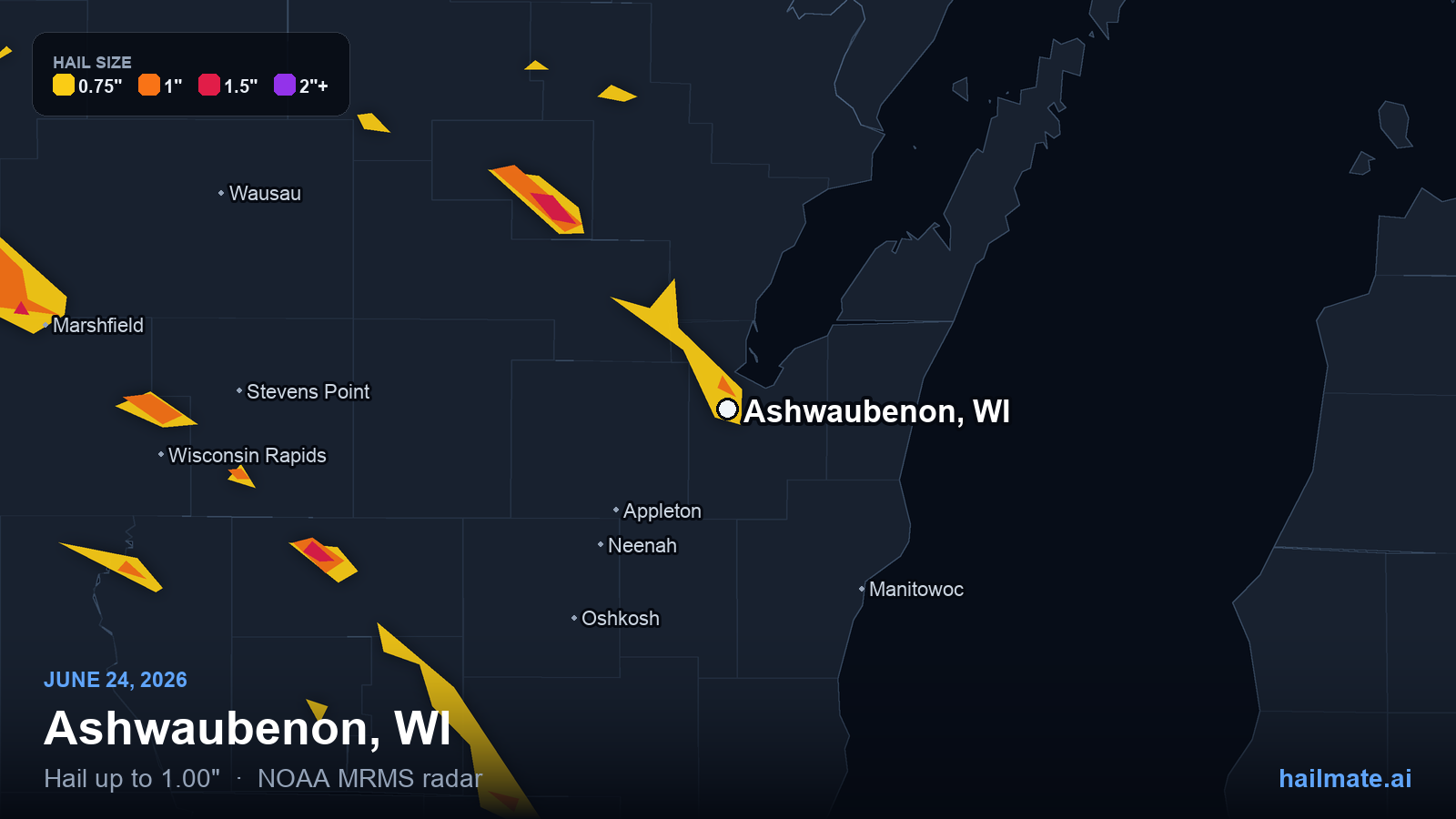 Hail swath map for Ashwaubenon, WI on June 24, 2026 showing 1.00 inch hail.
