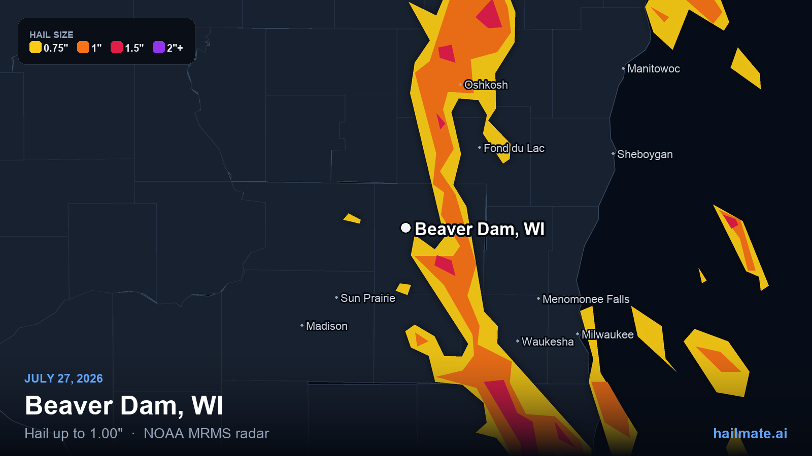 Hail swath map for Beaver Dam, WI on July 27, 2026 showing 1.00 inch hail.