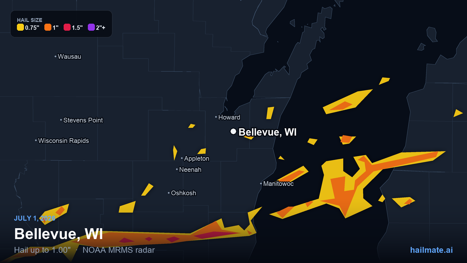 Hail swath map for Bellevue, WI on July 1, 2026 showing 1.00 inch hail.