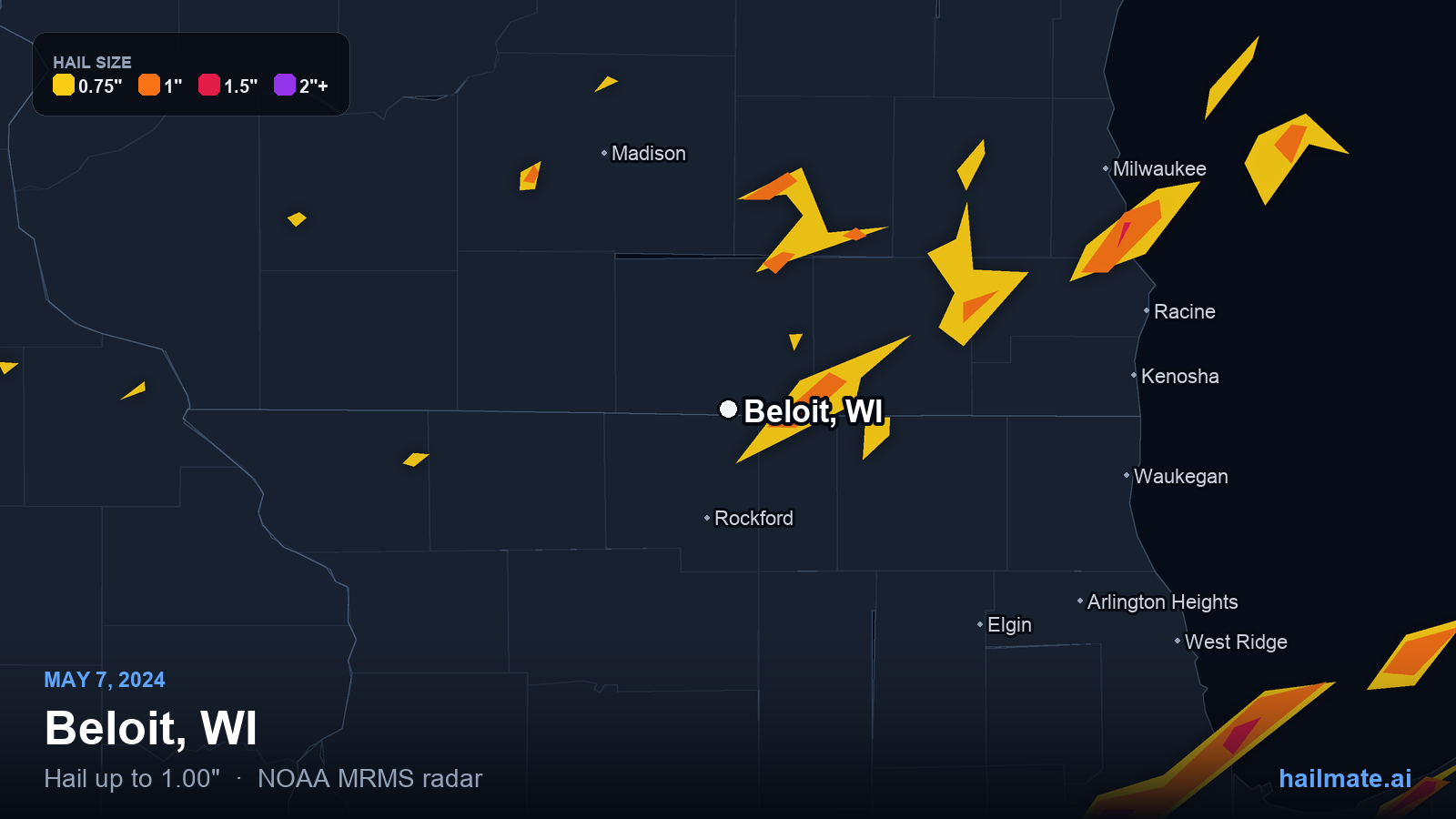 Hail swath map for Beloit, WI on May 7, 2024 showing 1.00 inch hail.