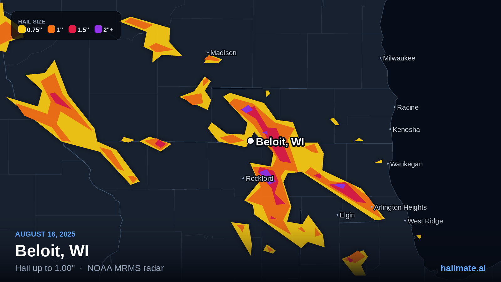 Hail swath map for Beloit, WI on August 16, 2025 showing 1.00 inch hail.