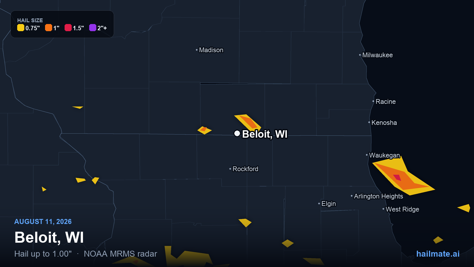 Hail swath map for Beloit, WI on August 11, 2026 showing 1.00 inch hail.