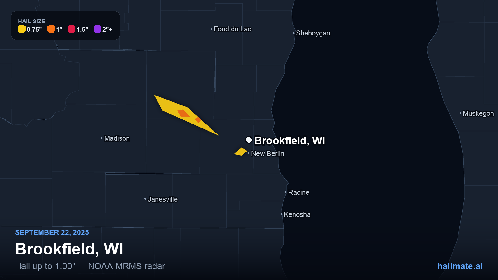 Hail swath map for Brookfield, WI on September 22, 2025 showing 1.00 inch hail.