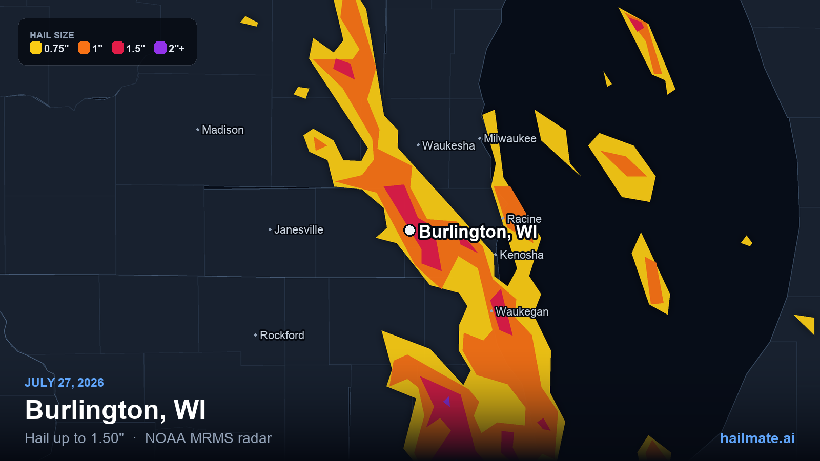 Hail swath map for Burlington, WI on July 27, 2026 showing 1.50 inch hail.