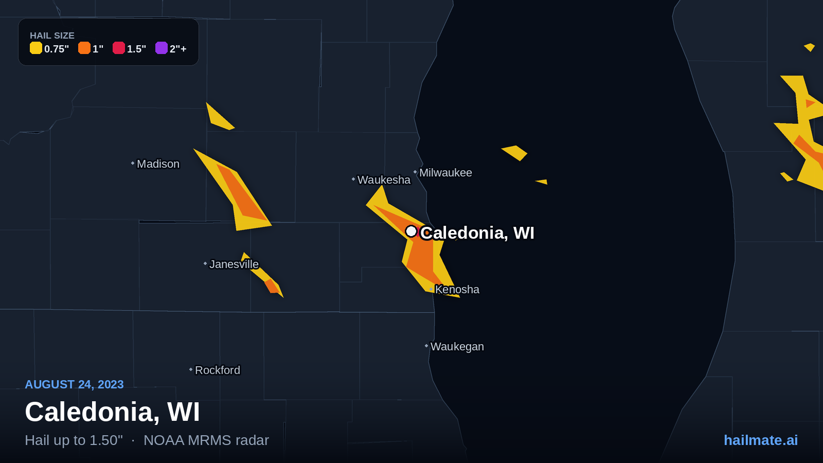 Hail swath map for Caledonia, WI on August 24, 2023 showing 1.50 inch hail.