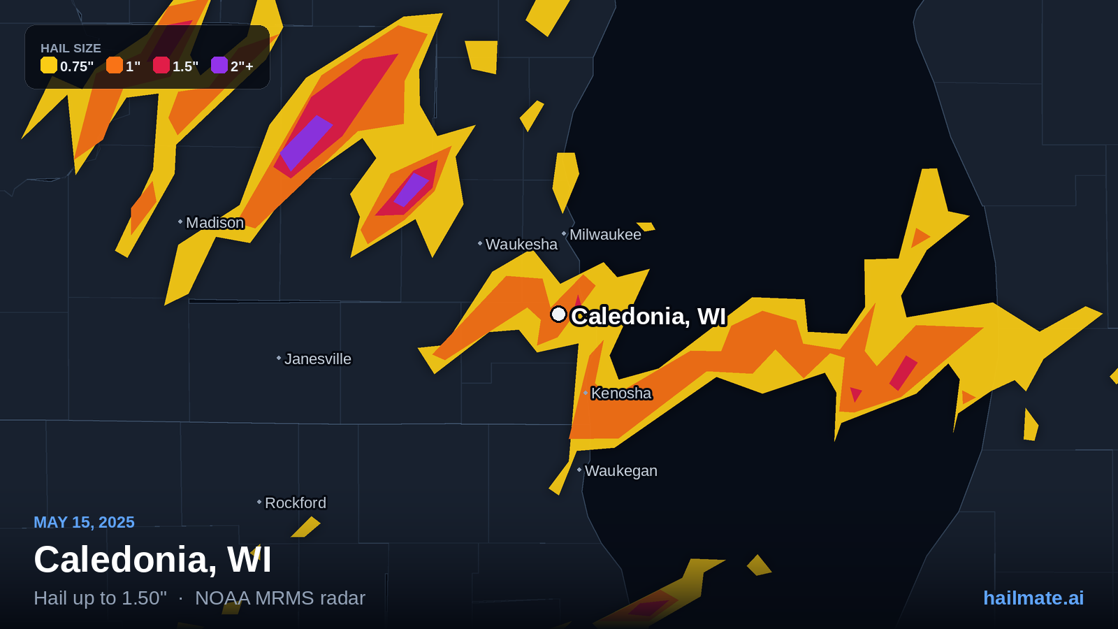 Hail swath map for Caledonia, WI on May 15, 2025 showing 1.50 inch hail.