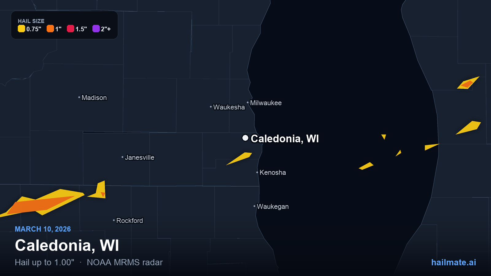 Hail swath map for Caledonia, WI on March 10, 2026 showing 1.00 inch hail.