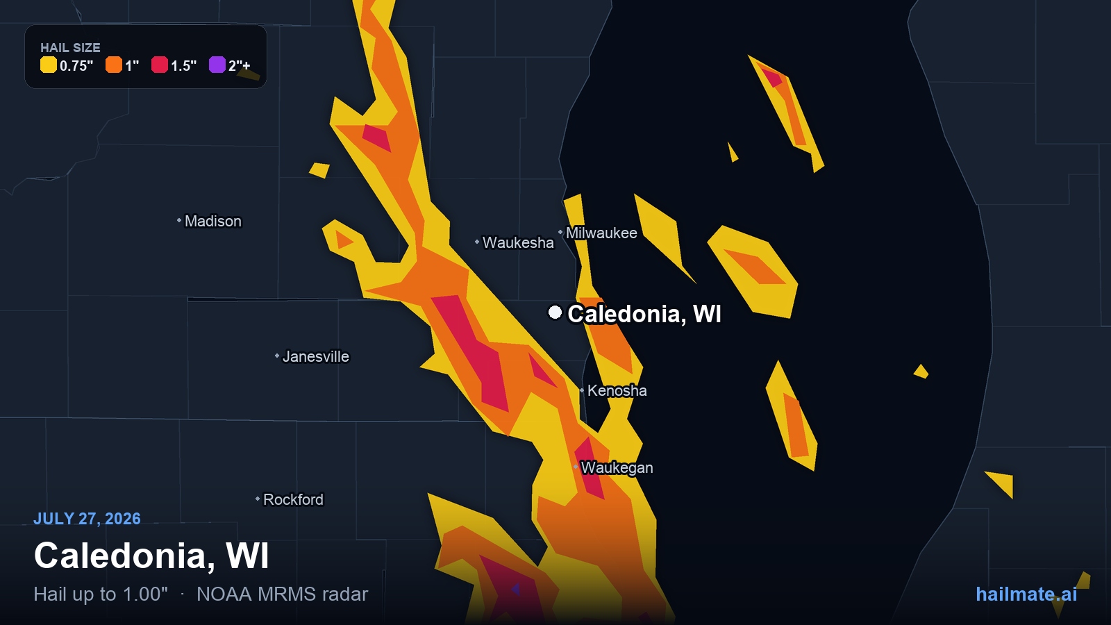 Hail swath map for Caledonia, WI on July 27, 2026 showing 1.00 inch hail.